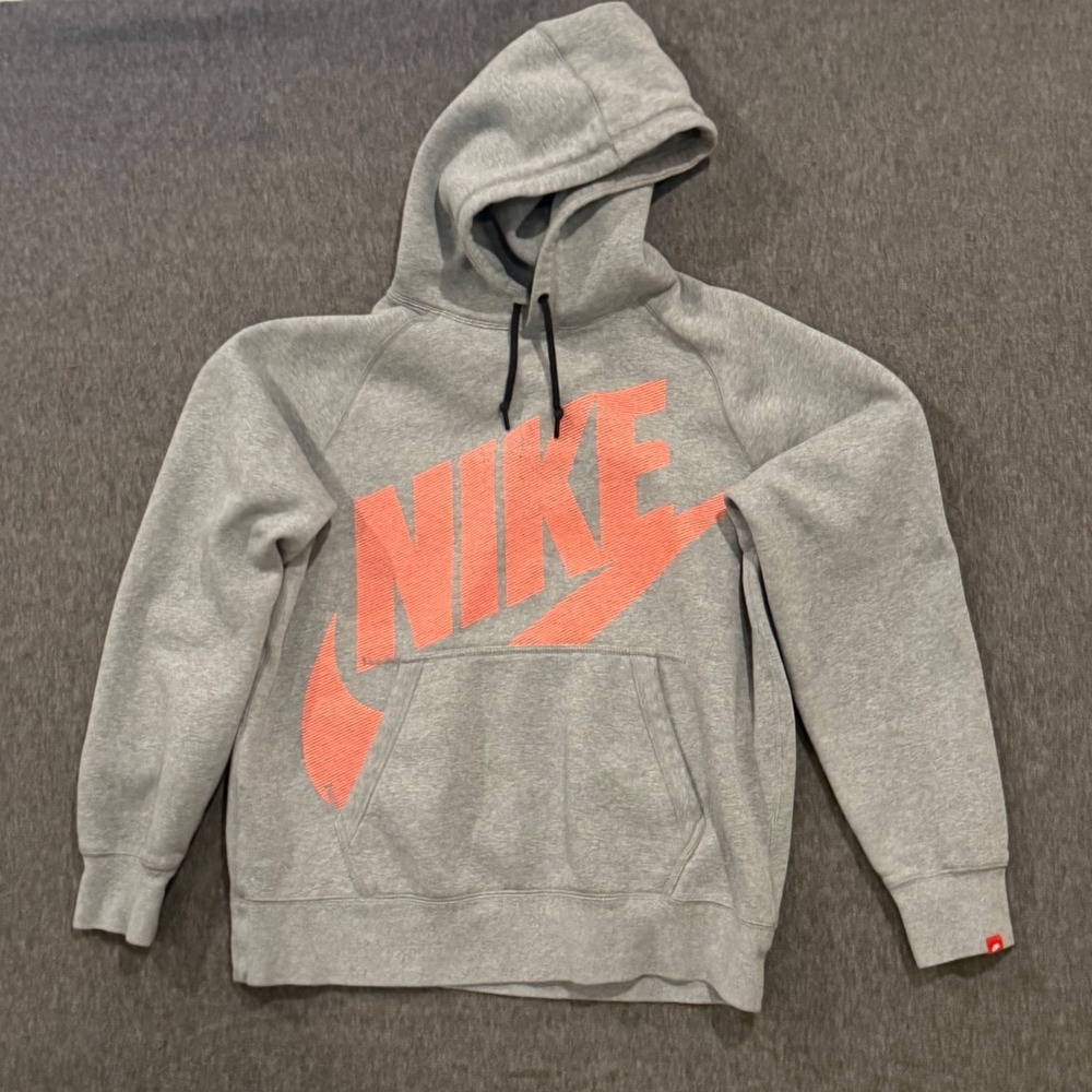 Nike Mens Sportswear Hoodie Grey Orange Graphic Pullover Fleece 717289-063 L